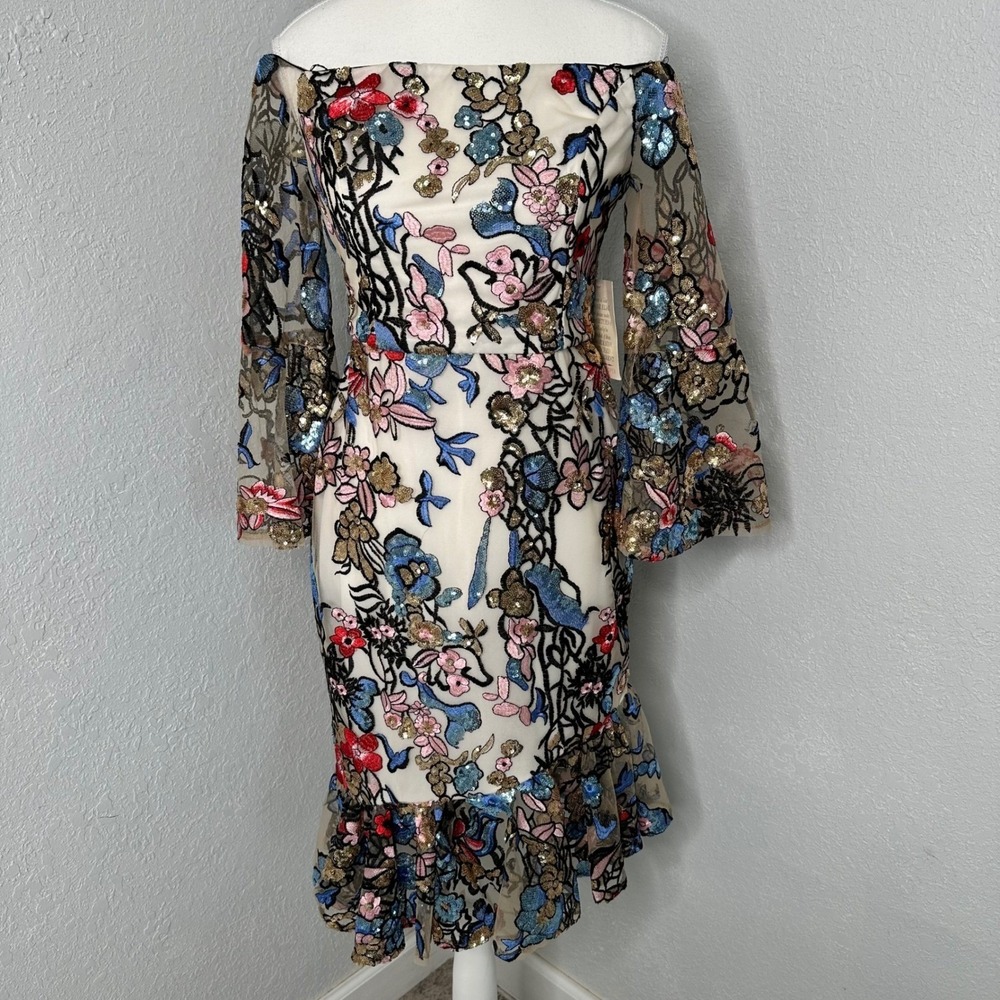 Alexia Admor bell sleeve Floral Sequin Off Shoulder Asymmetrical size 6
